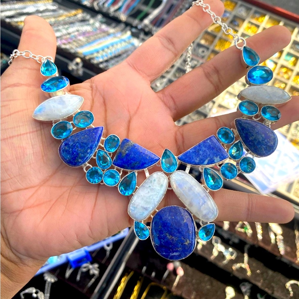 S925 Rainbow Moontone, Blue Quartz, Lapis Lazuli Gemstone Bib Necklace